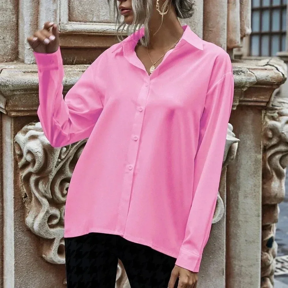 Pink Preppy Womens Solid Button Up Drop Shoulder Shirt